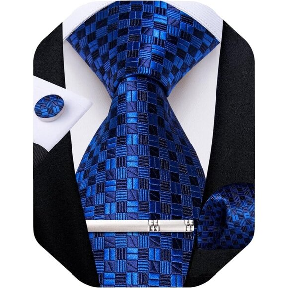 🆕Men Blue Plaid Silk Checkered Necktie Pocket Square Cufflinks Tie Clip Set